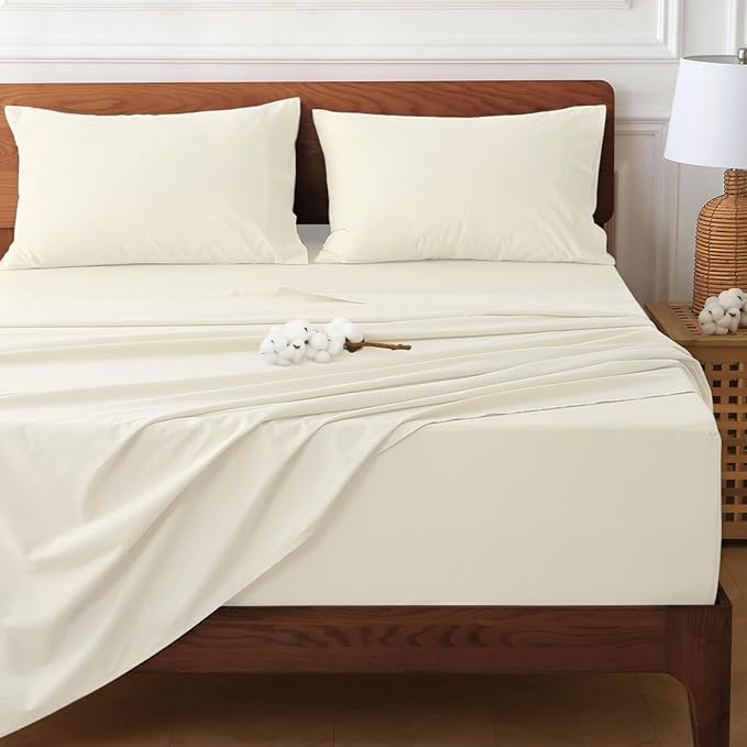 HYPREST 100% Cotton Percale Sheets Queen Size - 18-24 Extra Deep Pocket Bed Sheet Set Queen, Crisp & Breathable Cooling Bedding (Ivory)