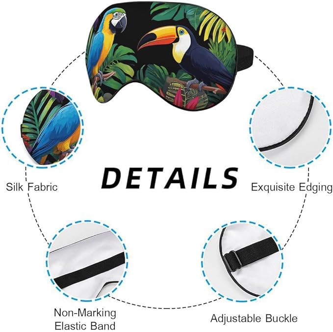 Tropical Birds Sleep Mask Eye Mask Plants Parrot Bright Leaves Colorful Bird Sleep Mask Light Blocking Adjustable Smooth Soft Eye Masks for Women Deep Rest Travel