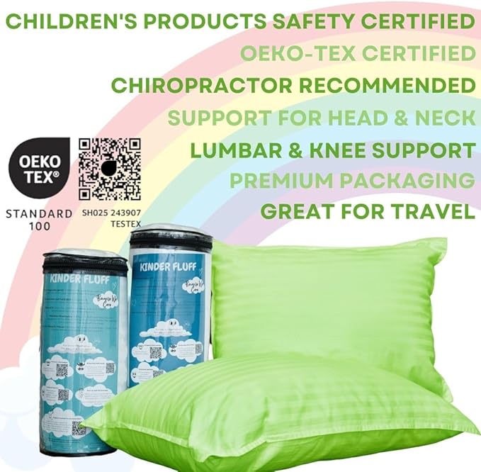 kinder Fluff Children Pillows 2X–Certified Hypoallergenic Award Winning Baby Pillow (no Pillowcase Needed) 300TC Pure Cotton Shell and Down Alternative Fill. Toddler Bedding Kids Pillow 7+ Green