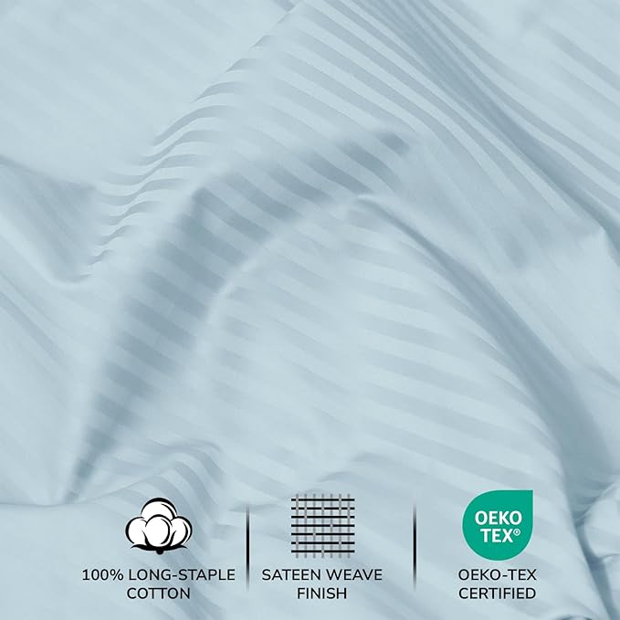 Feather & Stitch 500 TC California King Size Bed Sheet Set, 100% Cotton Soft Breathable Bedsheets, 4 Piece 18" Deep Pockets Sateen Weave Striped Bedding Mattress Resort Hotel Luxury- (Aqua Stripe)