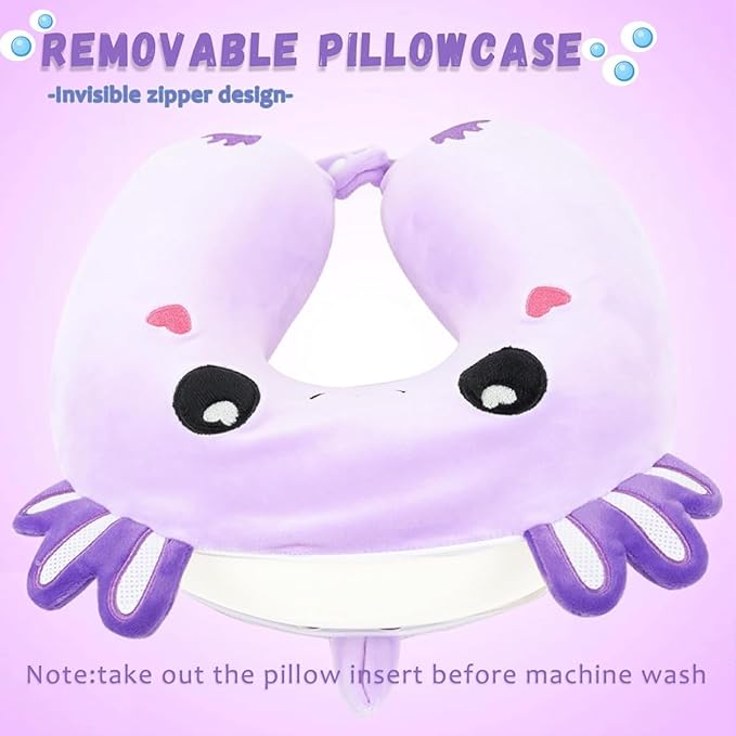 Travel Pillow, Kids Travel Pillow with Sleep Eye Mask Soft Memory Foam Kids Neck Pillow for Boys & Girls, Travel Accessories for Car Airplane Traveling - Purple Axolotl