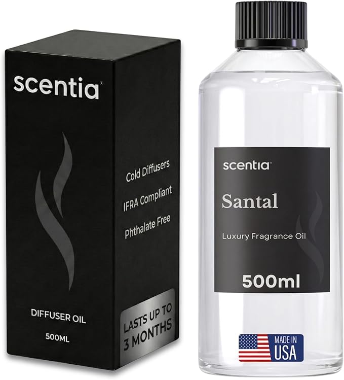 Scentia Santal Diffuser Oil 500ml – Luxury Santal-Inspired Oil – Cedarwood, Amber, Musk, Vanilla – Essential Oil Blend for Large Rooms, Cold-Air Diffusers, HVAC & Ultrasonic, Thanksgiving Gift
