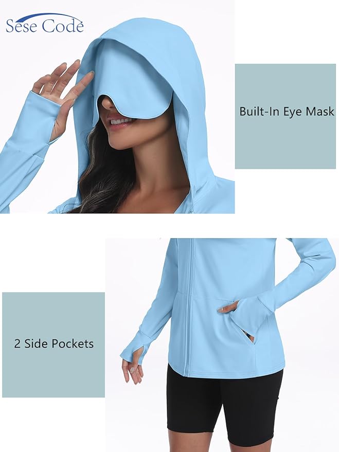 SeSe Code UPF 50+ Hoodie With Eye Mask Womens Zip Up Travel Jackets Sleep Sun Protection Shirts Pockets Outdoor Nap
