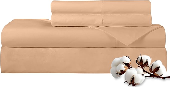 ROYALE LINENS 300 Thread Count 100% Long Staple Combed Cotton Sheet Set - 4 Piece King Bed Sheets - 1 Fitted, 1 Flat & 2 Pillow Cases - Soft Cool & Crisp Sheet Set (King, Sand)