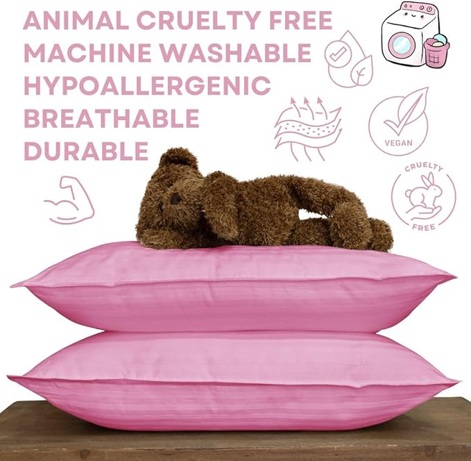 kinder Fluff Children Pillows 2X–Certified Hypoallergenic Award Winning Baby Pillow (no Pillowcase Needed) 300TC Pure Cotton Shell and Down Alternative Fill. Toddler Bedding Kids Pillow 7+ Pink