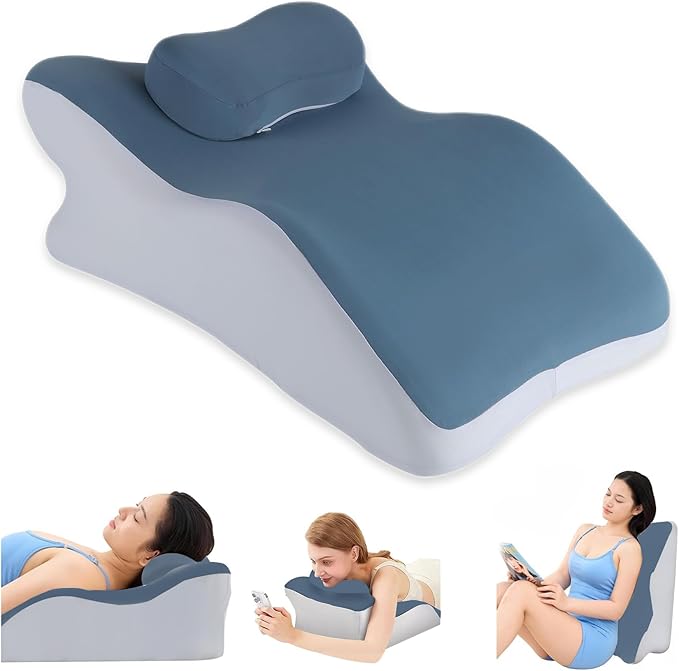 Reading Prone, Ergonomic Back Support Pillow for Bed Sitting Up Prone Pillow Face Down Sleep, Resting,Relaxing Back Pain Relief, with Washable Cover, Blue