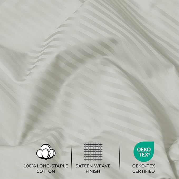 Feather & Stitch 500 TC Twin Size Damask Bed Sheet Set, 100% Cotton Soft Breathable Bedsheets, 3 Piece 18" Deep Pockets Sateen Weave Striped Bedding Mattress Resort Hotel Luxury - (Blue Blush Stripe)