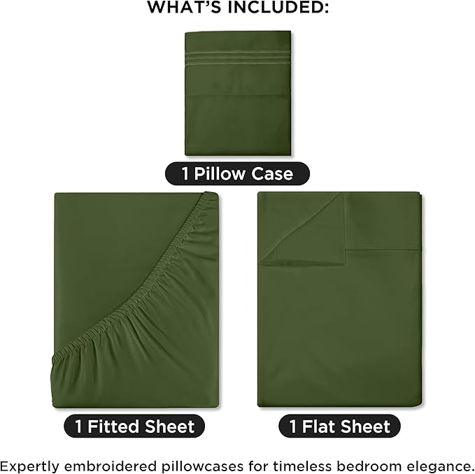 ROYALE LINENS 3 Piece Twin Sheets Set - Soft Brushed 1800 Microfiber Bedding - 1 Fitted and 1 Flat Sheet, 1 Pillow case - Wrinkle Free & Fade Resistant - Hotel Luxury Bed Sheets (Hunter Green, Twin)