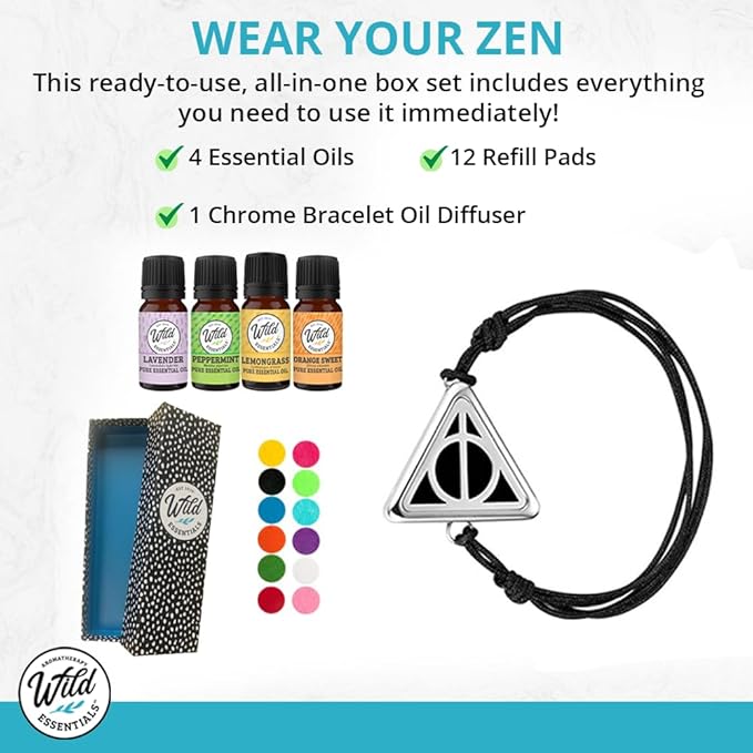 Wild Essentials Black Chrome Bat Essential Oil Diffuser Bracelet Gift Set with Aromatherapy Pendant, Adjustable Nylon Band, 12 Pads and 100% Pure Oils; Lavender, Lemongrass, Orange and Peppermint