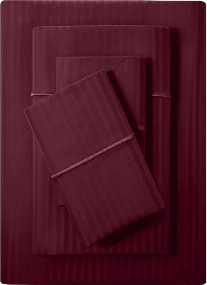 Feather & Stitch 500 TC King Size Damask Bed Sheet Set, 100% Cotton Soft Breathable Bedsheets, 4 Piece 18" Deep Pockets Sateen Weave Striped Bedding Mattress Resort Hotel Luxury- (Burgundy Stripe)