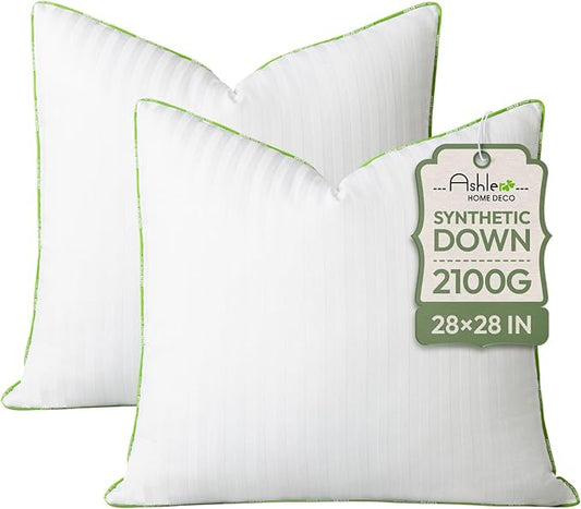Ashler Home Deco Synthetic Down Pillow Inserts, 28x28 Down Alternative Throw Pillows Insert Sleeping Pillows with 100% Cotton Cover Decorative Pillow Stuffer for Sofa, Couch Bed(Set of 2, White)