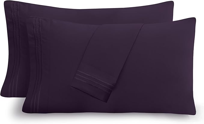 Mocassi 2-Piece Premium Standard/Queen Pillowcase Set 1800 Series Hotel Quality Microfiber - Soft and Breathable with 3-Line Embroidery Wrinkle and Stain Resistant, Easy Care, 20" x 30", Purple