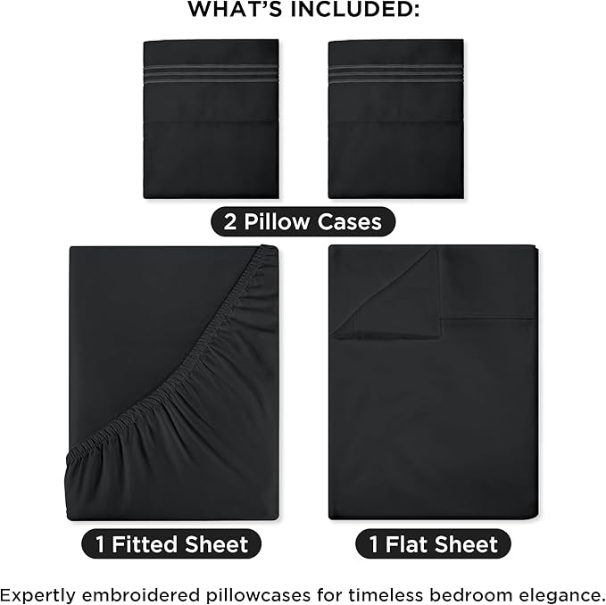 ROYALE LINENS 4 Piece King Sheets Set - Soft Brushed 1800 Microfiber Bedding - 1 Fitted and 1 Flat Sheet, 2 Pillow Cases - Wrinkle Free & Fade Resistant - Hotel Luxury Bed Sheets Set (Black, King)