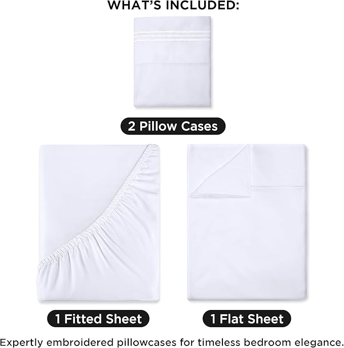 ROYALE LINENS 3 Piece Twin Sheets Set - Soft Brushed 1800 Microfiber Bedding - 1 Fitted and 1 Flat Sheet, 1 Pillow case - Wrinkle Free & Fade Resistant - Hotel Luxury Bed Sheets Set (White, Twin)