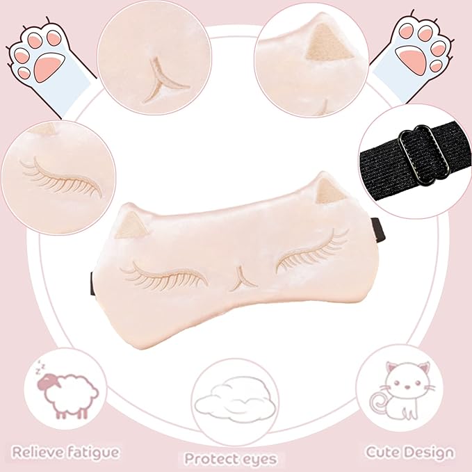 Cute Cat Sleep Mask for Kids, 2 Pack Silk Sleeping Eye Cover Adjustable Mask Night Eyeshade Cover for Girls Boys Women Men Sleep Travel Nap Party Supplies
