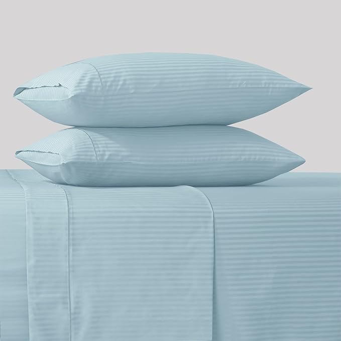 Feather & Stitch 500 TC Queen Size Damask Bed Sheet Set, 100% Cotton Soft Breathable Bedsheets, 4 Piece 18" Deep Pockets Sateen Weave Striped Bedding Mattress Resort Hotel Luxury- (Aqua Stripe)