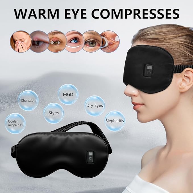 Rechargeable Heated Eye Mask for Sleeping - Soft 100% Mulberry Silk Sleep Mask for Women & Men, Portable Electric Heat Therapy for Dry Eyes, Headache, Puffy Eyes (Charcoal Black)