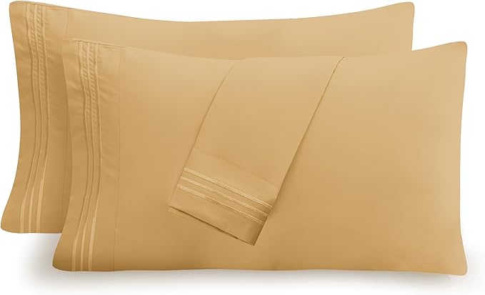 Mocassi 2-Piece Premium Standard/Queen Pillowcase Set 1800 Series Hotel Quality Microfiber - Soft and Breathable with 3-Line Embroidery Wrinkle and Stain Resistant, Easy Care, 20" x 30", Gold