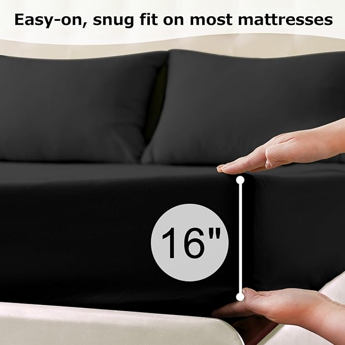 King Size Bed Sheet Set - 4 Piece Soft Microfiber Sheets with Deep Pockets, Cooling Technology, and Wrinkle-Free Pillowcase. Hotel-Quality, Durable Bedding, Black
