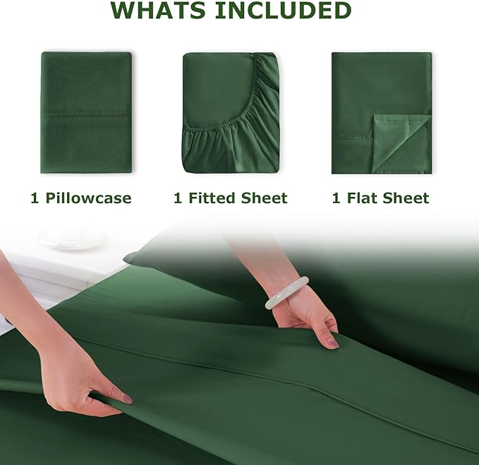 Twin XL Size Bed Sheet Set - 3 Piece Soft Microfiber Sheets with Deep Pockets, Cooling Technology, and Wrinkle-Free Pillowcase. Hotel-Quality, Durable Bedding, Eden Green
