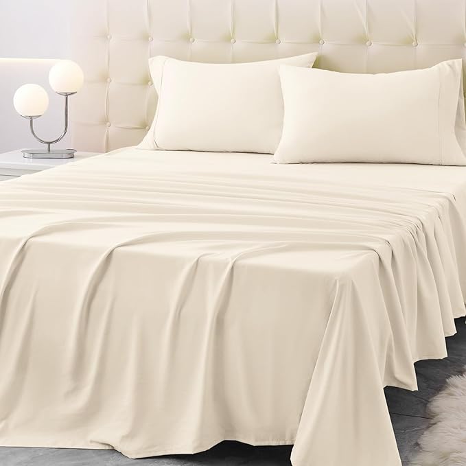 California King Size Bed Sheet Set - 4 Piece Soft Microfiber Sheets with Deep Pockets, Cooling Technology, and Wrinkle-Free Pillowcase. Hotel-Quality, Durable Bedding, Cream
