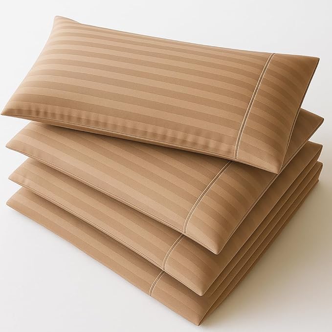 Mattress-Homes Hotel Quality Premium Pillowcases Queen Size Set of 4 Cotton Pillows for Sleeping, Smooth & Silky Cozy Breathable Bed Pillow Covers Machine Washable in Taupe Stripe
