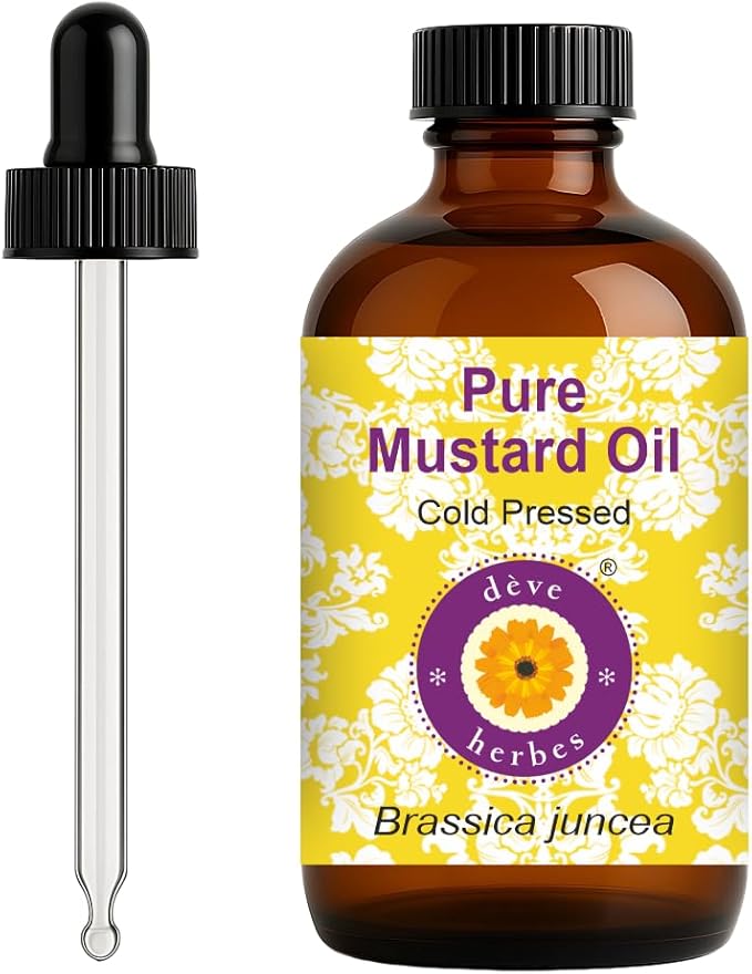 dève herbes Mustard Oil (Brassica juncea) with Glass Dropper | Cold Pressed | Pure | Natural | For Diluting Essential oils | For Hair, Skin & Massage | Non-Sticky| Lightweight| Unisex | 120ml (4 oz)