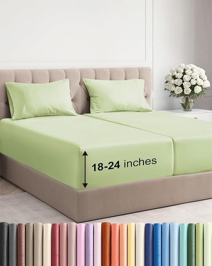 Extra Deep Split King Sheet Set - 5 Piece Breathable & Cooling Bed Sheets - Easily Fits 18-24 inch Mattress - Soft, Wrinkle & Fade Free w/ Extra Deep Pockets - Hotel Luxury Bedding - Light Sage Green
