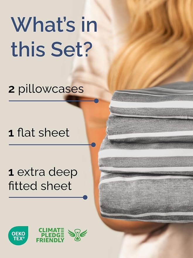 Extra Deep King Sheet Set - 4 Piece Breathable & Cooling Bed Sheets - Easily Fits 18 to 24 inch Mattress - Ultra Soft, Wrinkle & Fade Free w/ Extra Deep Pockets - Hotel Luxury Bedding - Grey Stripes 3