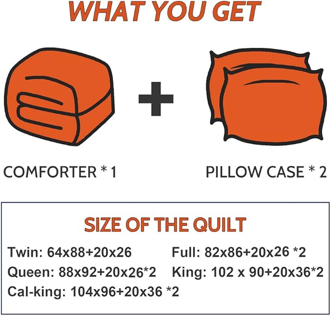 Decroom Lightweight Queen Comforter Set with 2 Pillow Sham - 3 Pieces Set - Quilted Down Alternative Comforter/Duvet Insert for All Season - Orange/Black - Queen Size