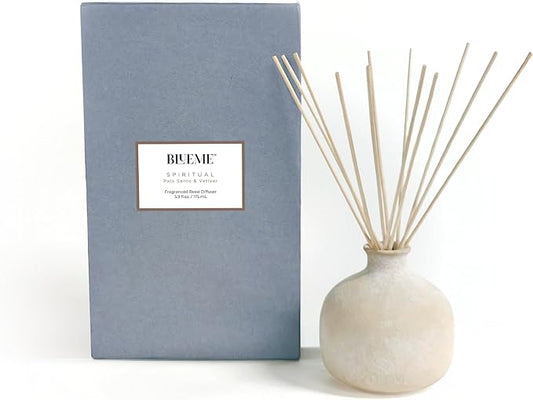 Blueme Spiritual Diffuser | Palo Santo & Vetiver | 5.92 Fl Oz - Refillable Wellness Diffuser, Contains Essential Oil, Sustainable, Hand Finished, Premium, Luxury Ceramic, Natural Rattan Reeds, | Small