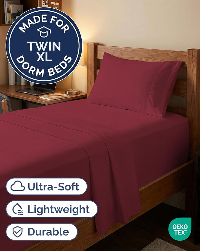 Extra Deep Twin XL Sheet Set - 3 Piece Breathable & Cooling Bed Sheets - Easily Fits 18 to 24 inch Mattress - Ultra Soft, Wrinkle & Fade Free w/ Extra Deep Pockets - Hotel Luxury Bedding - Burgundy