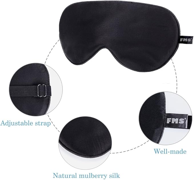 FMS Natural Silk Sleep Mask Blocks Light Completely, 2 Packs Soft Lightweight Eye Mask with Adjustable Strap Best for Travel, Meditation, Shift Work and Daytime Napping (Black)