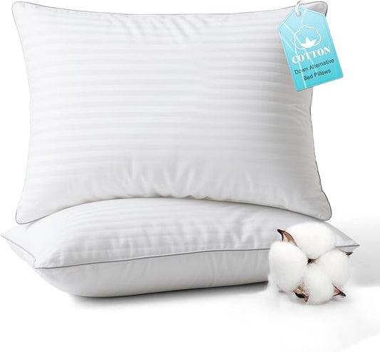 Bed Pillows Standard Size Set of 2-100% Cotton Cover, Down Alternative Gel Polyfill Filled, Twin Soft Medium Adjustable Hotel-Style Pillow Inserts, 20x26 Inch