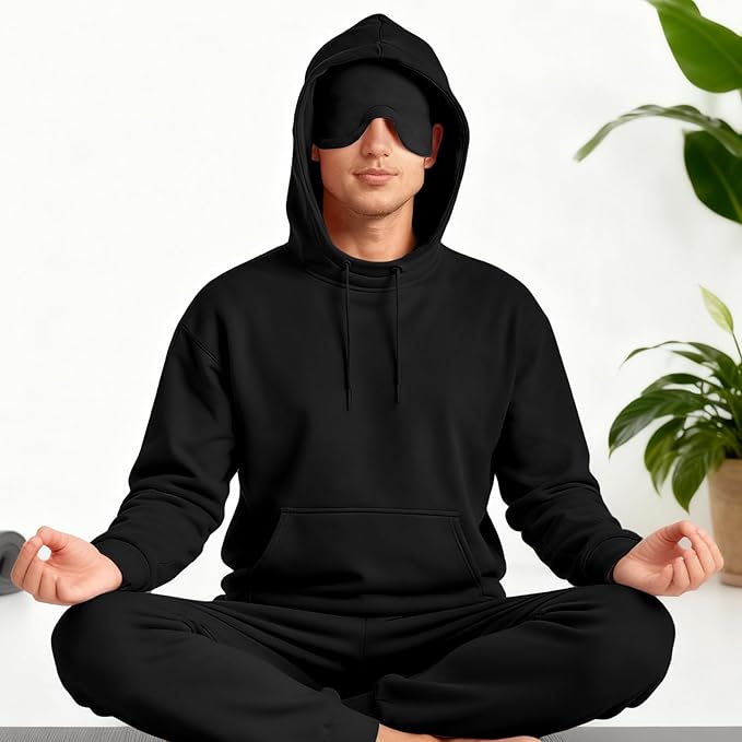 Ainangua Mens Oversized Pullover Essentials Hoodie with Eye Mask Built In Comfor Airplane Mode Travel Sleep Wearable Blanket