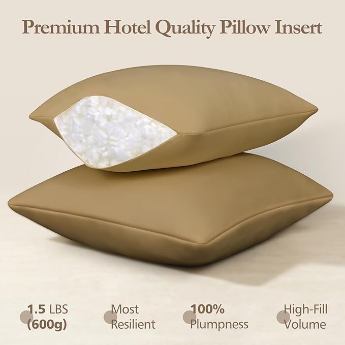 14x14 Pillow Inserts Set of 2- Shredded Memory Foam Pillow Forms - 3-Layer Hybrid Design for Lumbar Support, Small Throw Pillow Insert for Office Chair & Nursery Brown