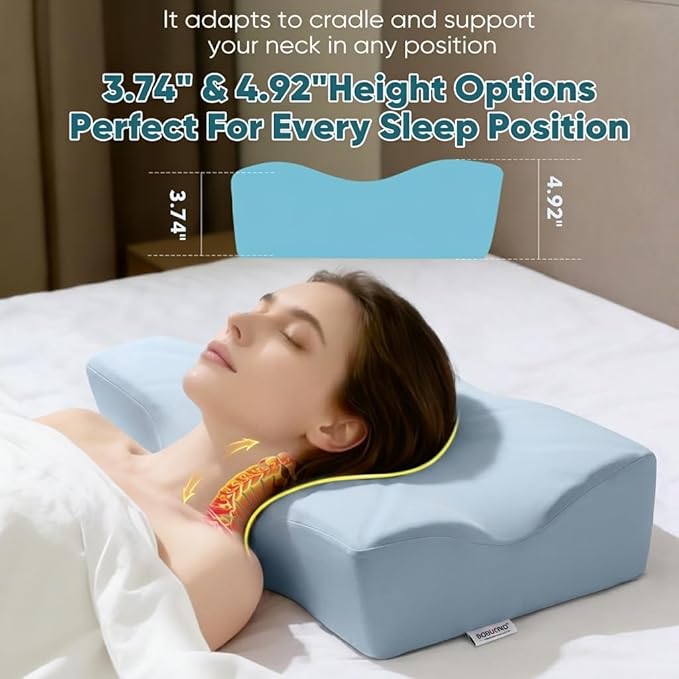 DOBUONO Cervical Neck Pillow - Side Sleeper Pillow for Neck Pain Relief, Odorless Memory Foam Pillow with Cooling Cover & Dual Height, Ergonomic Contour for Neck & Shoulder Support, Blue