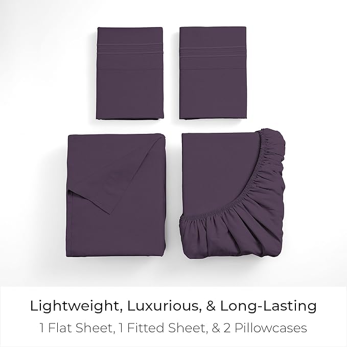 Mellanni Full Sheets Set - 4 PC Iconic Collection Bedding - Hotel Luxury, Extra Soft, Cooling Bed Sheets - Wrinkle, Fade, Stain Resistant (Full, Purple)