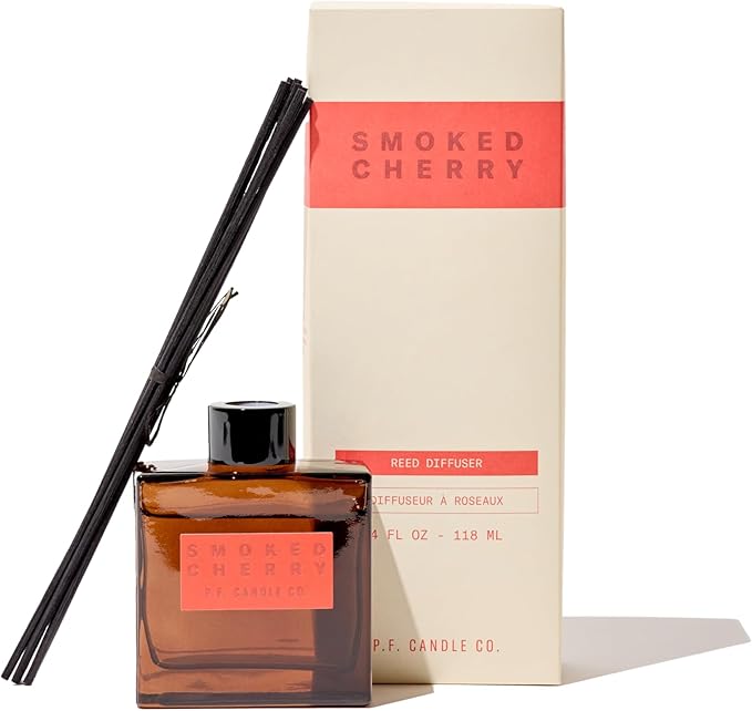 P.F. Candle Co. Smoked Cherry Premium Scented Reed Diffusers (4 fl oz) Luxury Cocoa Brown Glass Jar, Fine Fragrance Oil, Long-Lasting Flame-Free Scent