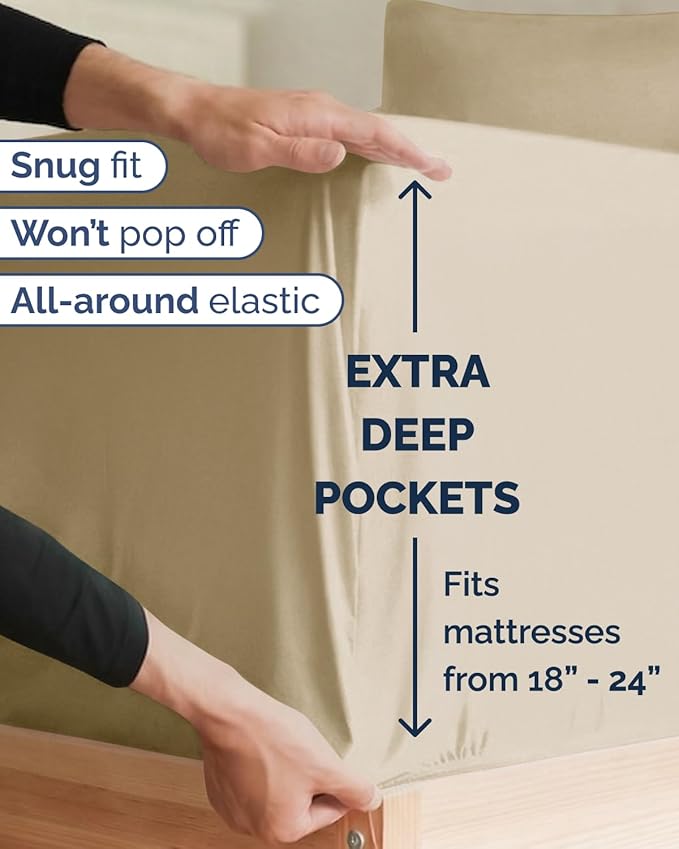 Extra Deep Twin XL Sheet Set - 4 Piece Breathable and Cooling Sheets - Hotel Luxury Bedding for Women, Men, Kids & Teens - Easy & Secure Fit - Soft, Wrinkle Free and Comfy - Extra Deep Pockets - Beige