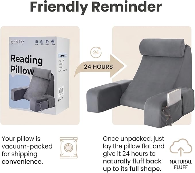 ENITYA Back Pillow for Bed Sitting Up,Reading Pillow with Armrests & Big Pockets for Adults,Upright Pillow for Resting,Watching TV,Nursing,Recovery,Gaming,Grey