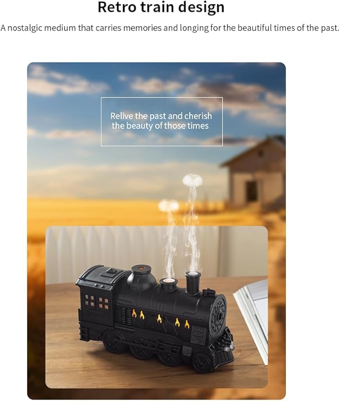 300ml Steam Train Essential Oil Diffuser, Retro Cool Mist Aroma Humidifier with 2 LED Light & 2 Mist Modes Auto Shut-Off, Quiet Aromatherapy Diffuser for Home, Bedroom & Gift Ideas