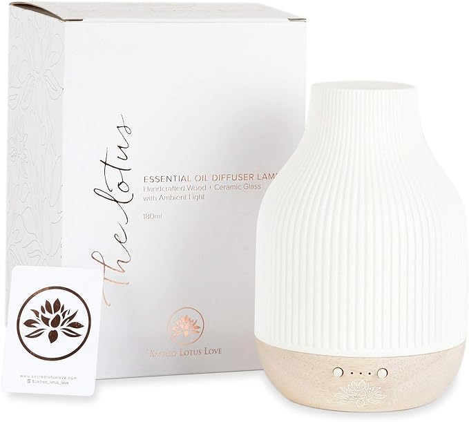 Sacred Lotus Love Ceramic Essential Oil Diffuser – Ultrasonic Aroma Diffuser with Wood Base, Ambient LED Light and Timer Settings