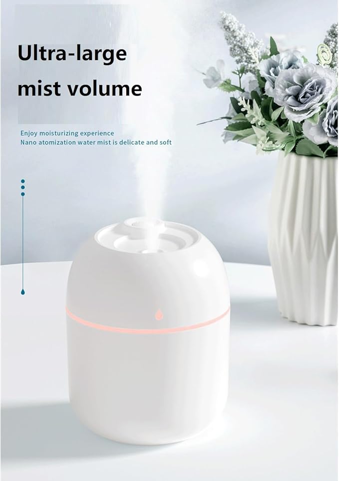 Mini USB Humidifier - Large Capacity, Ultra-Quiet 20dB, 2 Modes (Continuous/Intermittent) with Anti-Dry Burn & Night Light, Nano Mist for Room/Car/Office Desk (<10㎡) (White, 420ml)