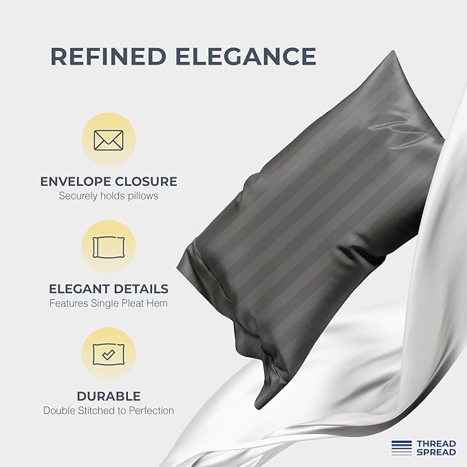 THREAD SPREAD 100% Egyptian Cotton Damask Pillow Cases Queen Size Set of 2 - Luxury 1500 Series Queen Pillow Cases (Dark Grey Stripe), Soft Cooling Envelope Closure Hotel Egyptian Cotton Pillowcases