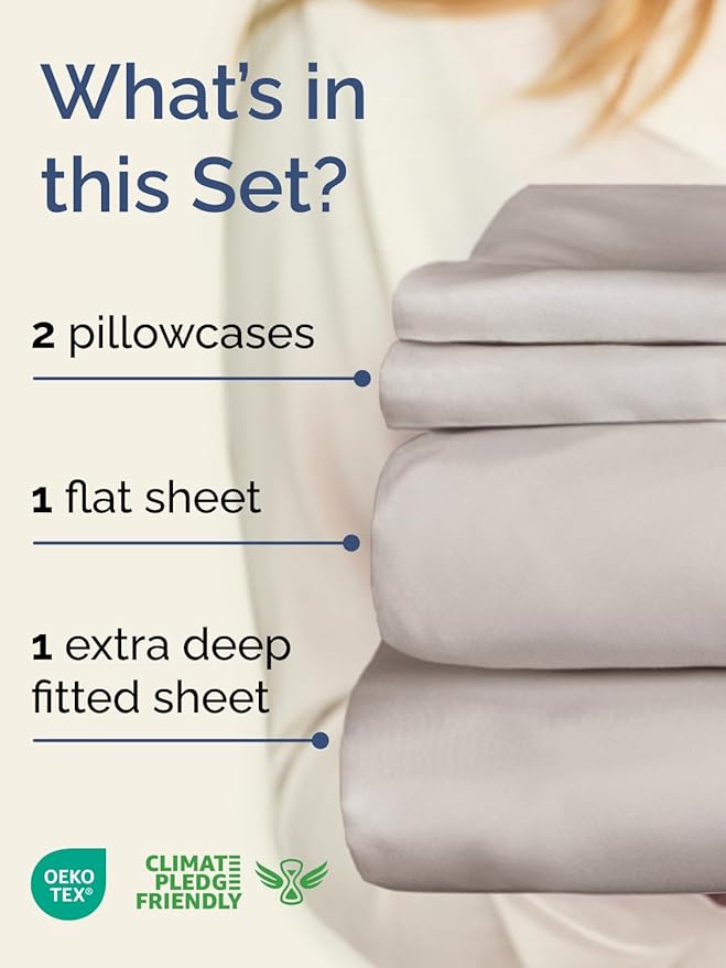 Extra Deep Cal King Sheet Set - 4 Piece Breathable & Cooling Bed Sheets - Easily Fits 18 to 24 inch Mattress - Ultra Soft, Wrinkle & Fade Free w/ Extra Deep Pockets - Hotel Luxury Bedding - Light Grey
