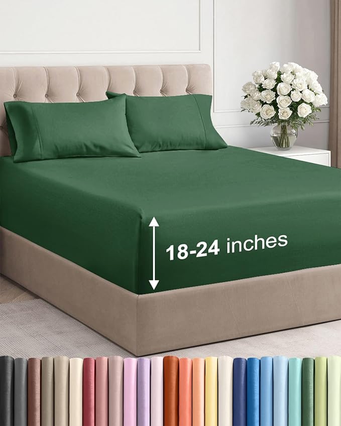 Extra Deep Full Sheet Set - 4 Piece Breathable & Cooling Bed Sheets - Easily Fits 18 to 24 inch Mattress - Ultra Soft, Wrinkle & Fade Free w/ Extra Deep Pockets - Hotel Luxury Bedding - Emerald Green