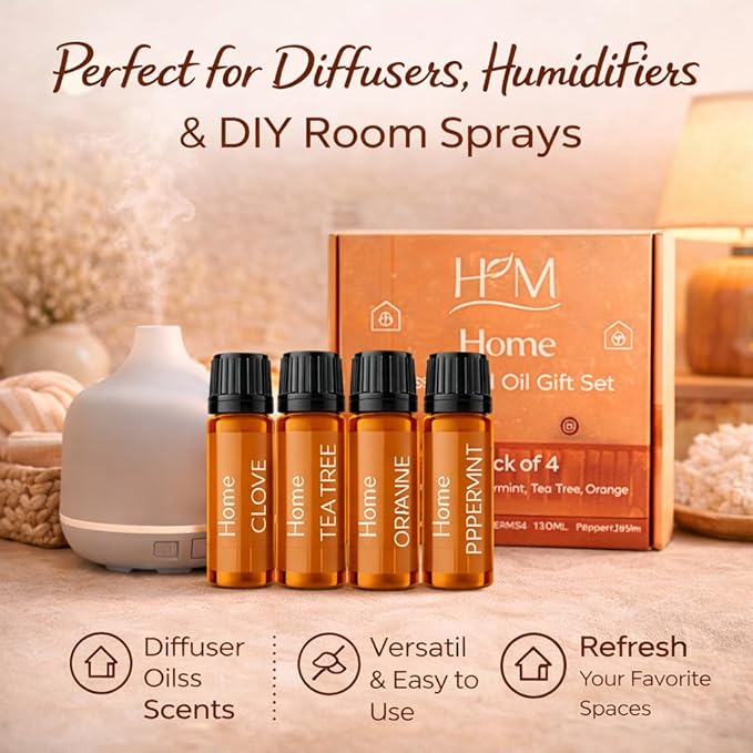 HM Home Essential Oil Gift Set, 4 Pack - Clove, Peppermint, Tea Tree & Orange - Aromatherapy Oils for Diffuser, Humidifier, Home Fragrance, Housewarming & Self Care Gifts - 10 mL Each