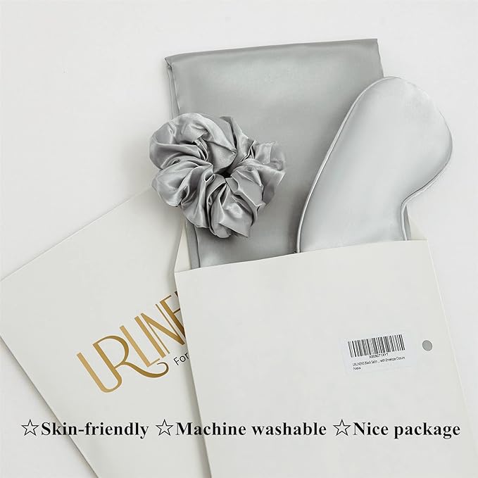 Satin Pillowcase for Hair and Skin, Vegan Silk Pillowcase Set-2 Satin Pillowcases, 1 Eye Mask, 1 Scrunchie-Luxury Sleep Set, Silver Gray Pillow Cases with Envelope Closure Standard Size