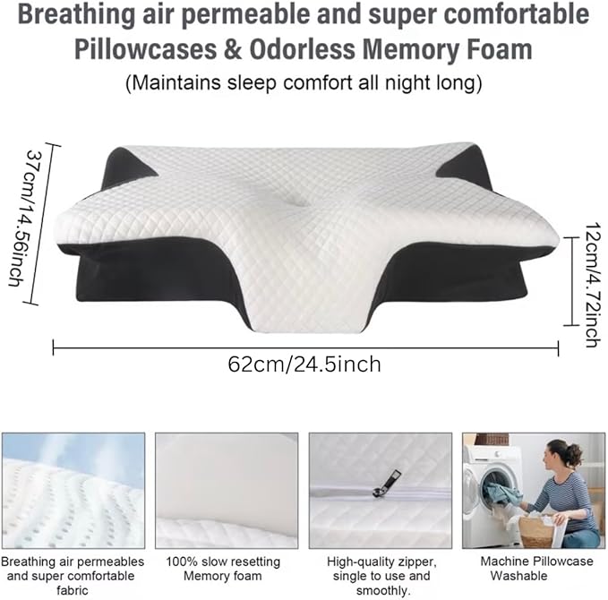 Cervical Neck Pillow for Sleeping, Contoured Ergonomic Memory Foam Cervical Pillow for Side, Back & Stomach Sleepers, Cervical Pillow with Washable Breathable Cover (Grey, 24.5 x 15 x 4.72 inches)